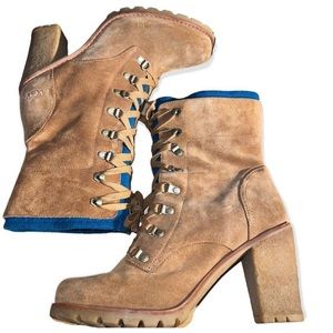 UGG Fabrice High Heel Ankle Boots Size 6 Leather Wool Shearling Two Tone Winter